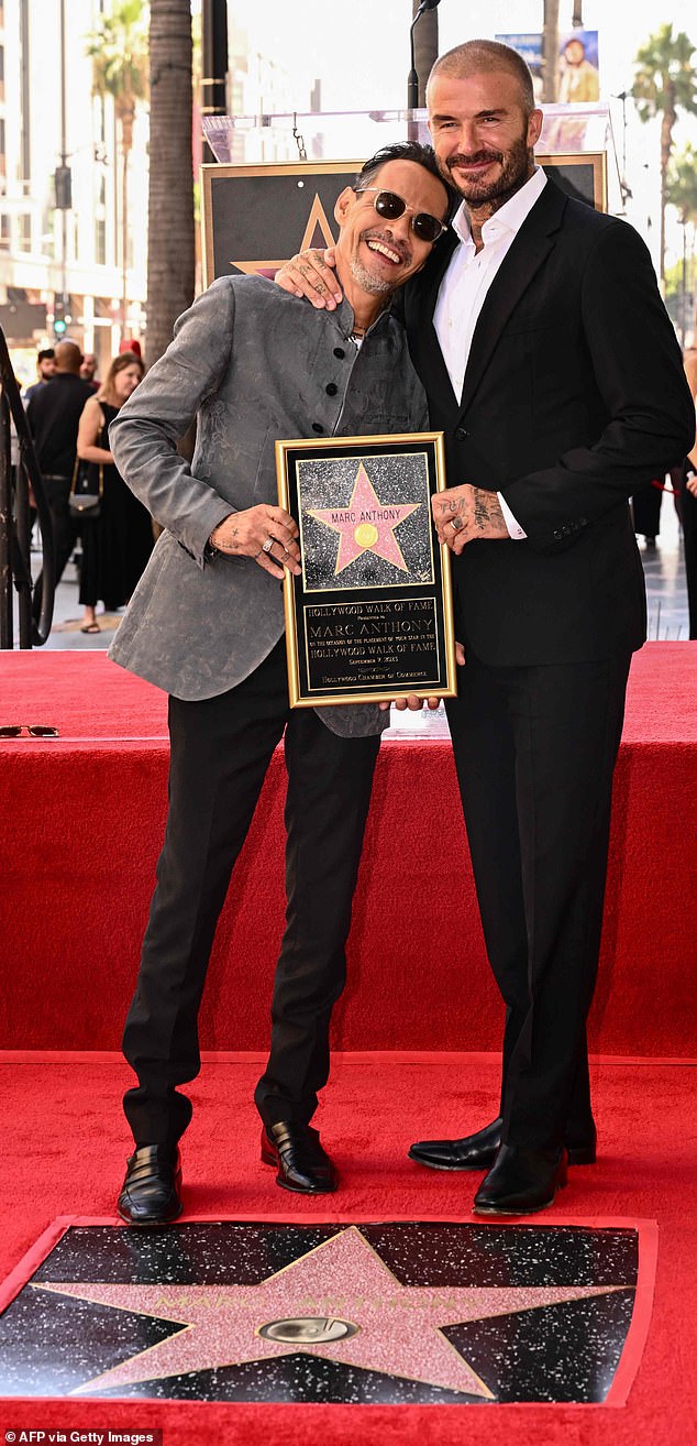 Proud bestie: The global athletic superstar David Beckham watched proudly as Marc accepted his star on the Hollywood Walk of Fame; seen Thursday