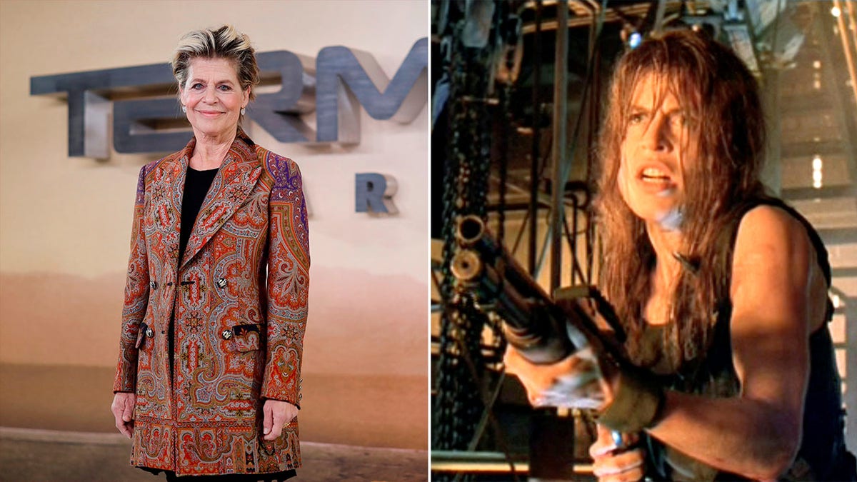 Nebeneinander Fotos von Linda Hamilton auf dem roten Teppich und in der Rolle in „Terminator 2: Judgement Day“.