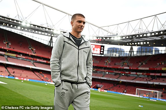 LONDON, ENGLAND - APRIL 23: Alfie Gilchrist of Chelsea inspects the pitch prior to the Premier League match between Arsenal FC and Chelsea FC at Emirates Stadium on April 23, 2024 in London, England. (Photo by Darren Walsh/Chelsea FC via Getty Images)