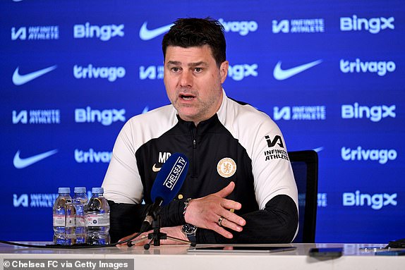 COBHAM, ENGLAND - APRIL 22: Head Coach Mauricio Pochettino of Chelsea during a press conference at Chelsea Training Ground on April 22, 2024 in Cobham, England. (Photo by Darren Walsh/Chelsea FC via Getty Images)