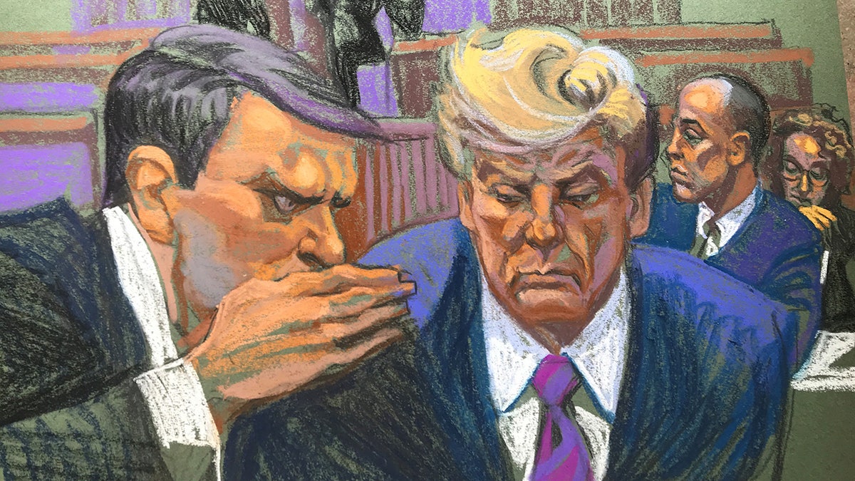 Eine Gerichtsskizze zeigt den Auftritt des ehemaligen Präsidenten Donald Trump vor dem Manhattan Criminal Court