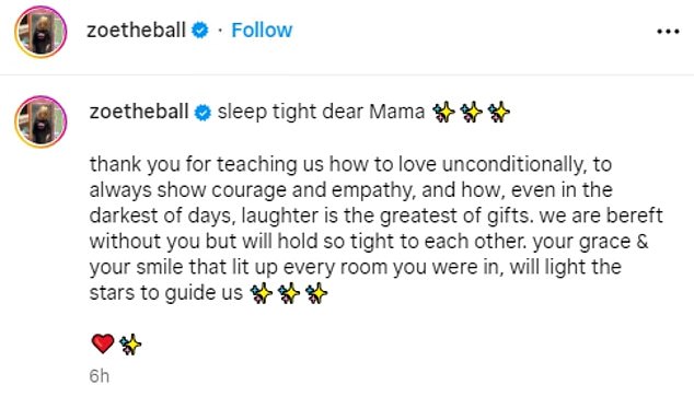 In der auf Instagram geposteten Hommage (im Bild) teilte Zoe Ball den Fans mit, dass sie „beraubt“ sei.