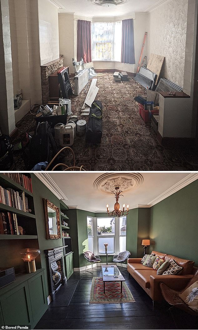 In der Zwischenzeit verwandelte eine Hausbesitzerin aus Bristol ihr veraltetes viktorianisches Reihenhaus-Wohnzimmer in eine schicke Grünfläche