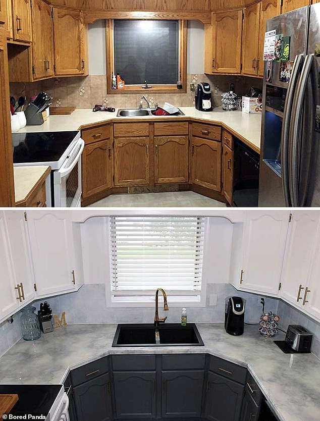 Diese Person aus den USA hat beschlossen, ihre Küche kostengünstig zu renovieren, da dies nur vorübergehend ist und nur zeigt, wie viel Unterschied Farbe bewirken kann