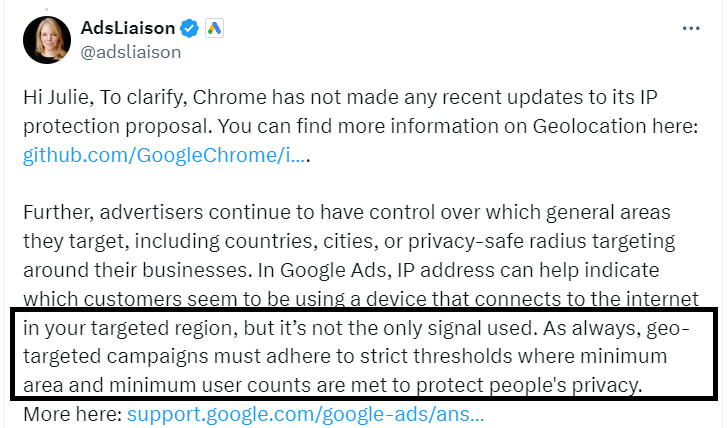 Ein Tweet von @adsliaison, der sich an Julie richtet, die Google-Tests von IP-Proxys und Geolokalisierungsaktualisierungen von Chrome erläutert und die Kontrolle der Werbetreibenden über Targeting-Einstellungen, einschließlich der Verwendung von IP-Adressen, bespricht