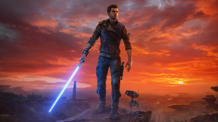 Cal schwingt sein blaues Lichtschwert und geht mit BD-1 in der Schlüsselgrafik von Star Wars Jedi: Survivor.