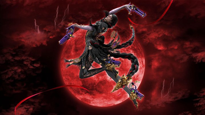 Bayonetta posiert in der Luft mit rotem Hintergrund.