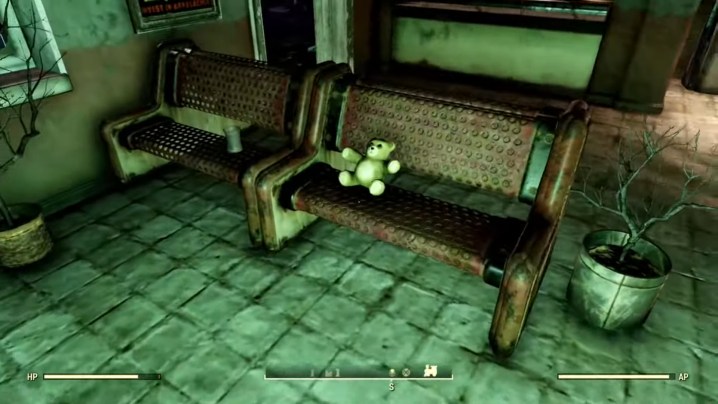 Ein Teddybär in einem Bahnhof in Fallout 76.