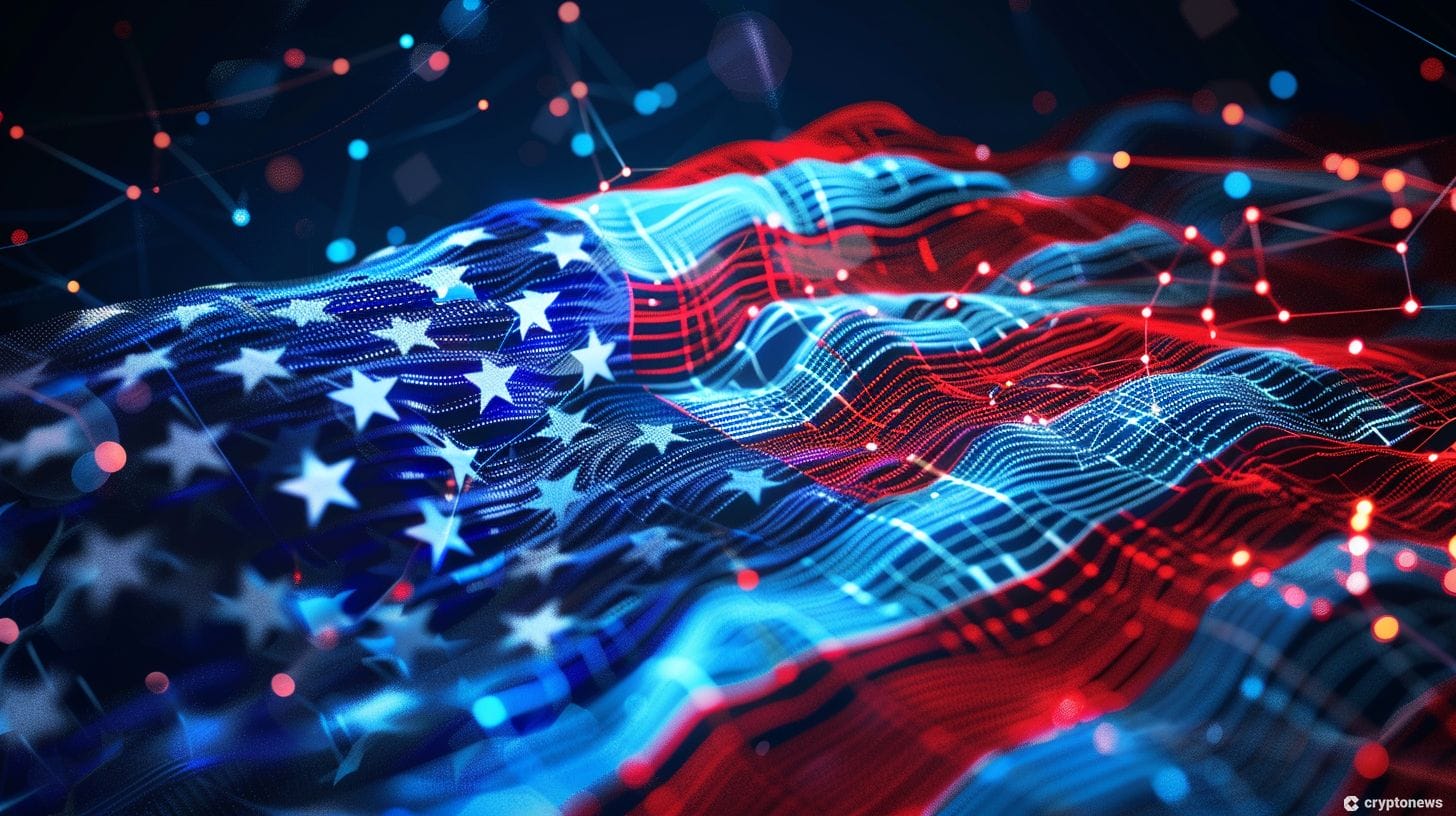 Eine Darstellung einer amerikanischen Flagge aus Blockchain-Technologie, die Melania Trumps neue Muttertagshalskette und NFT-Sammlerstück symbolisiert.