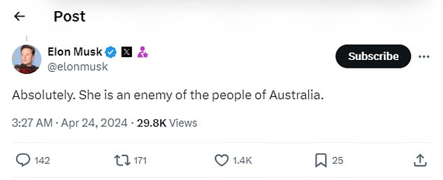Der Milliardär X-Chef bezeichnete Senator Lambie als „Feind“ des australischen Volkes (im Bild)