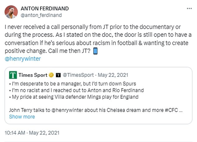 Ferdinand postete einen Tweet mit der Aufschrift „Die Tür war noch zum Chatten offen“ und bat Terry, ihn anzurufen