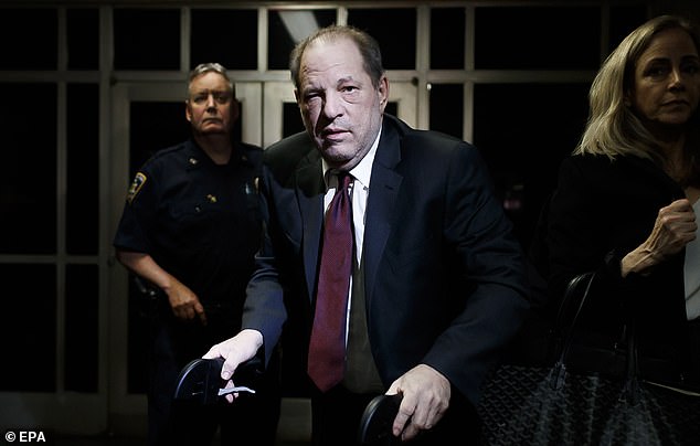 Weinstein was separately convicted of rape in Los Angeles in 2022 and given 16 years in jail. Pictured: The disgraced Miramax boss at his trial in February 2020