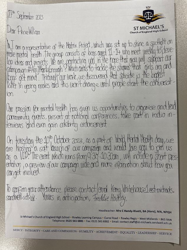 Der 12-jährige Freddie Hadley schrieb letztes Jahr an den Prinzen von Wales und berichtete ihm von der Initiative, die er und seine Mitschüler ins Leben gerufen haben, um Schülern bei der Bewältigung ihrer psychischen Gesundheit zu helfen