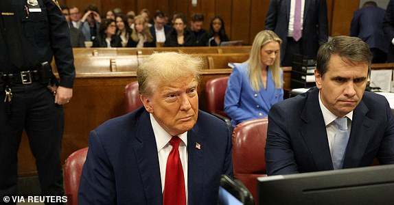 Republican presidential candidate Donald Trump appears in  State Supreme Court in Manhattan on Thursday, April 25, 2024, for his trial on charges of falsifying business records. Jefferson Siegel/Pool via REUTERS