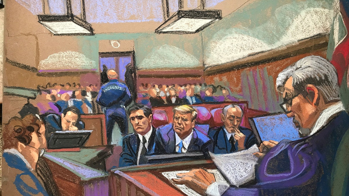 Eine Gerichtsskizze zeigt den dritten Tag des Strafverfahrens gegen den ehemaligen Präsidenten Donald Trump vor dem Manhattan Criminal Court