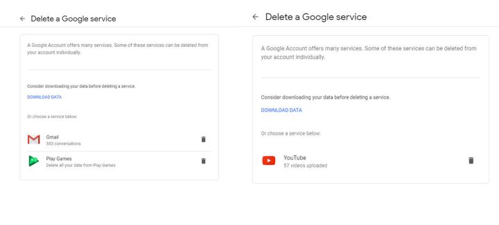 Die Seite „Google-Dienst löschen“.