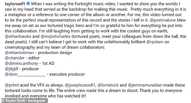 She also shared a message to her fans about the meaning behind the music video and penned, 'When I was writing the Fortnight music video, I wanted to show you the worlds I saw in my head that served as the backdrop for making this music'