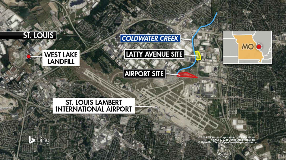 Karte mit Hervorhebung des Flughafens St. Louis, Coldwater Creek und der Deponie West Lake
