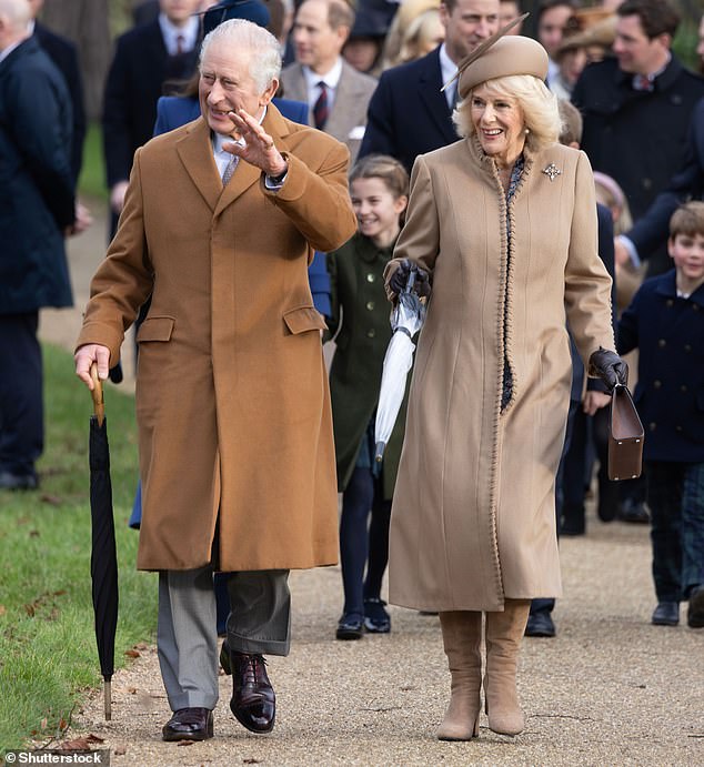 Meanwhile, it's not the first time Camilla has been praised for her ability to step up to the task when times get tough. Pictured with Charles on Christmas Day