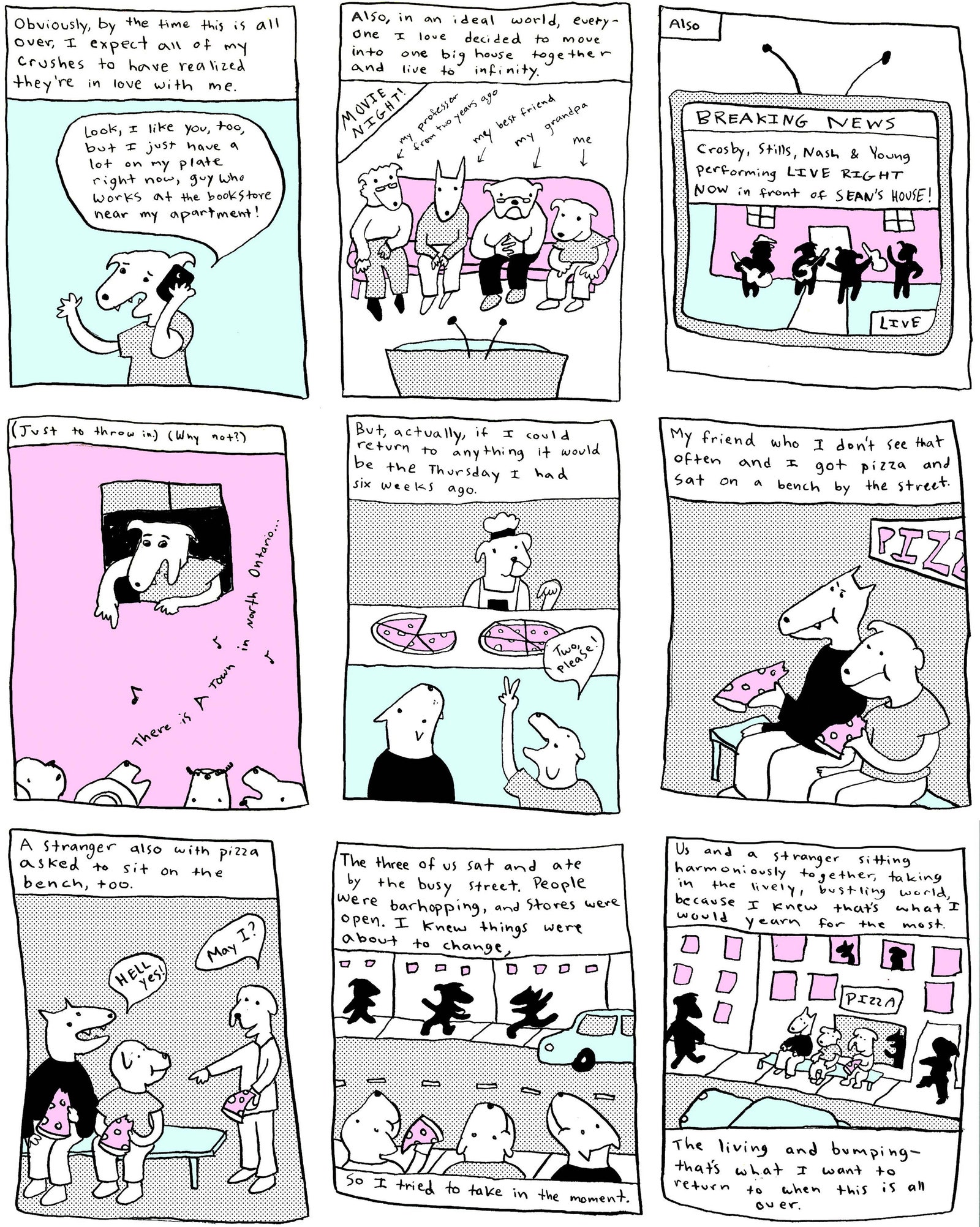 Ein Comic, in dem eine Hundefigur über das Leben vor einem Pandemie-Lockdown nachdenkt.