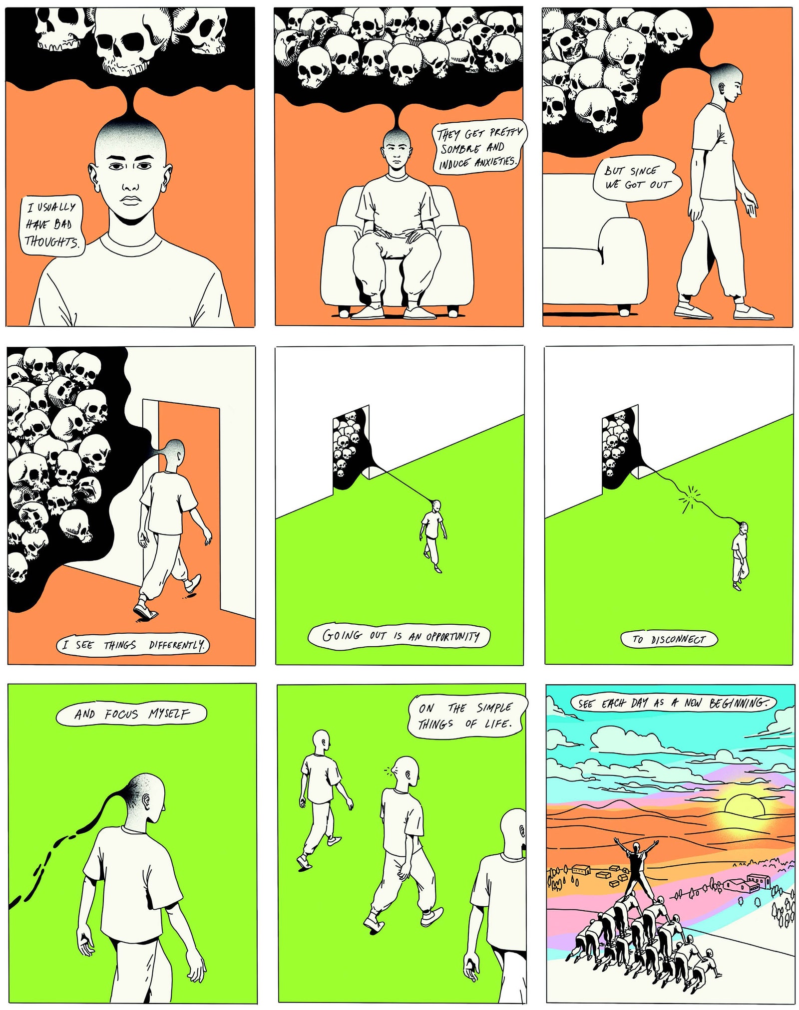 Ein Comic, in dem sich eine Person vorstellt, die Negativität hinter sich zu lassen.