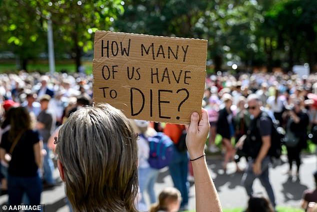 Im Bild ist eine Frau zu sehen, die ein Schild hält: „Wie viele von uns müssen sterben?“  während Sydneys Kundgebung am Samstag