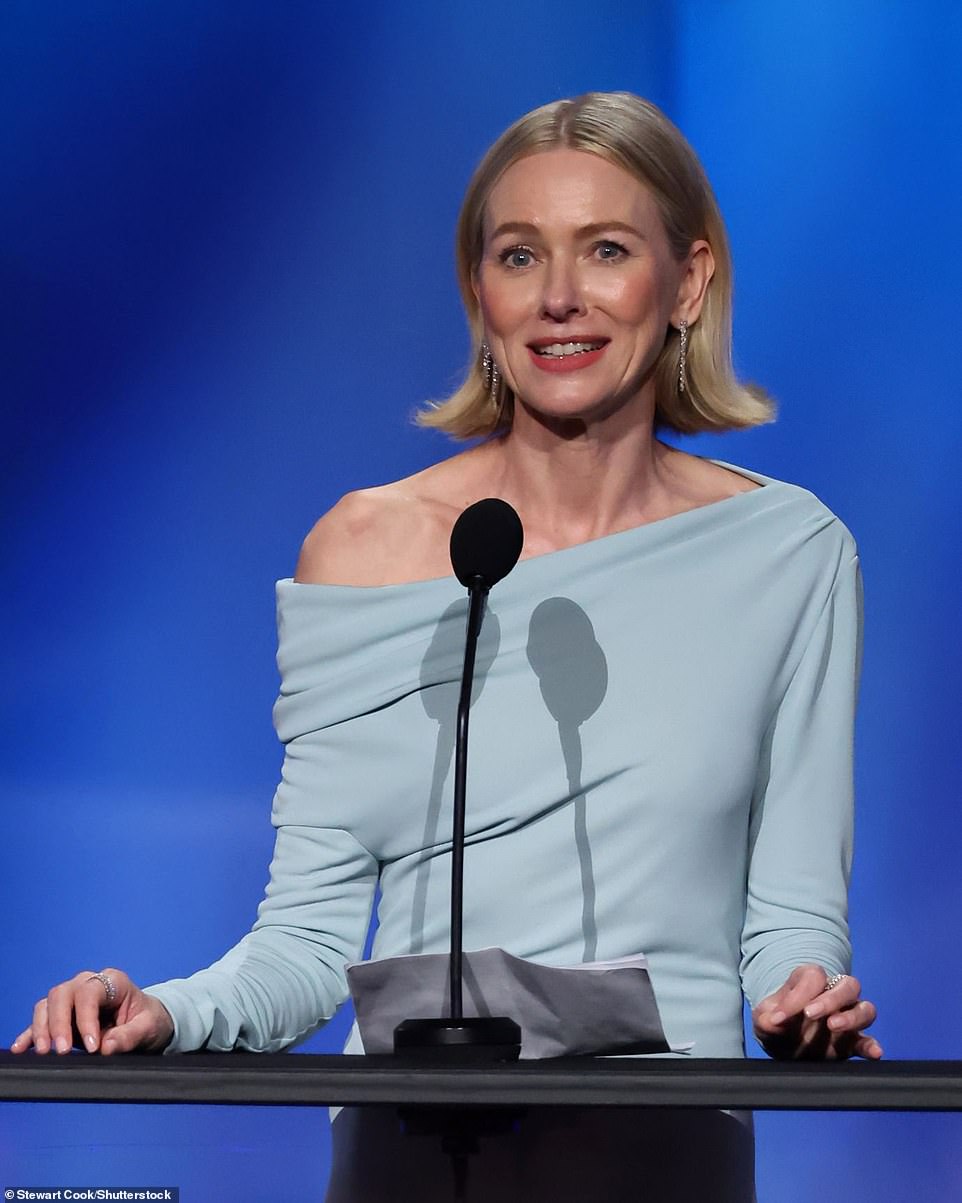 Naomi Watts also took to the stage and addressed the crowd while standing in front of a podium underneath bright lights