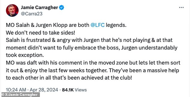 Liverpool-Legende Jamie Carragher sagte, Salah sei „dämlich“, diesen Kommentar abzugeben, schlug aber vor, dass die beiden ihre Differenzen beilegen würden