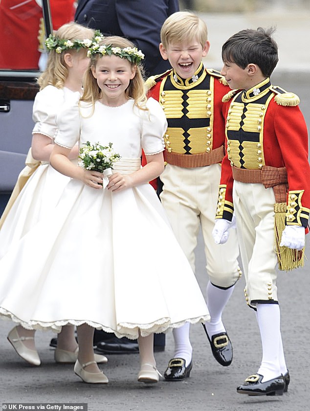 Tom Pettifer was eight-years-old when he was pictured laughing as he arrived with pageboy William Lowther-Pinkerton and bridesmaids Lady Louise Windsor and Margarita Armstrong-Jones (pictured)
