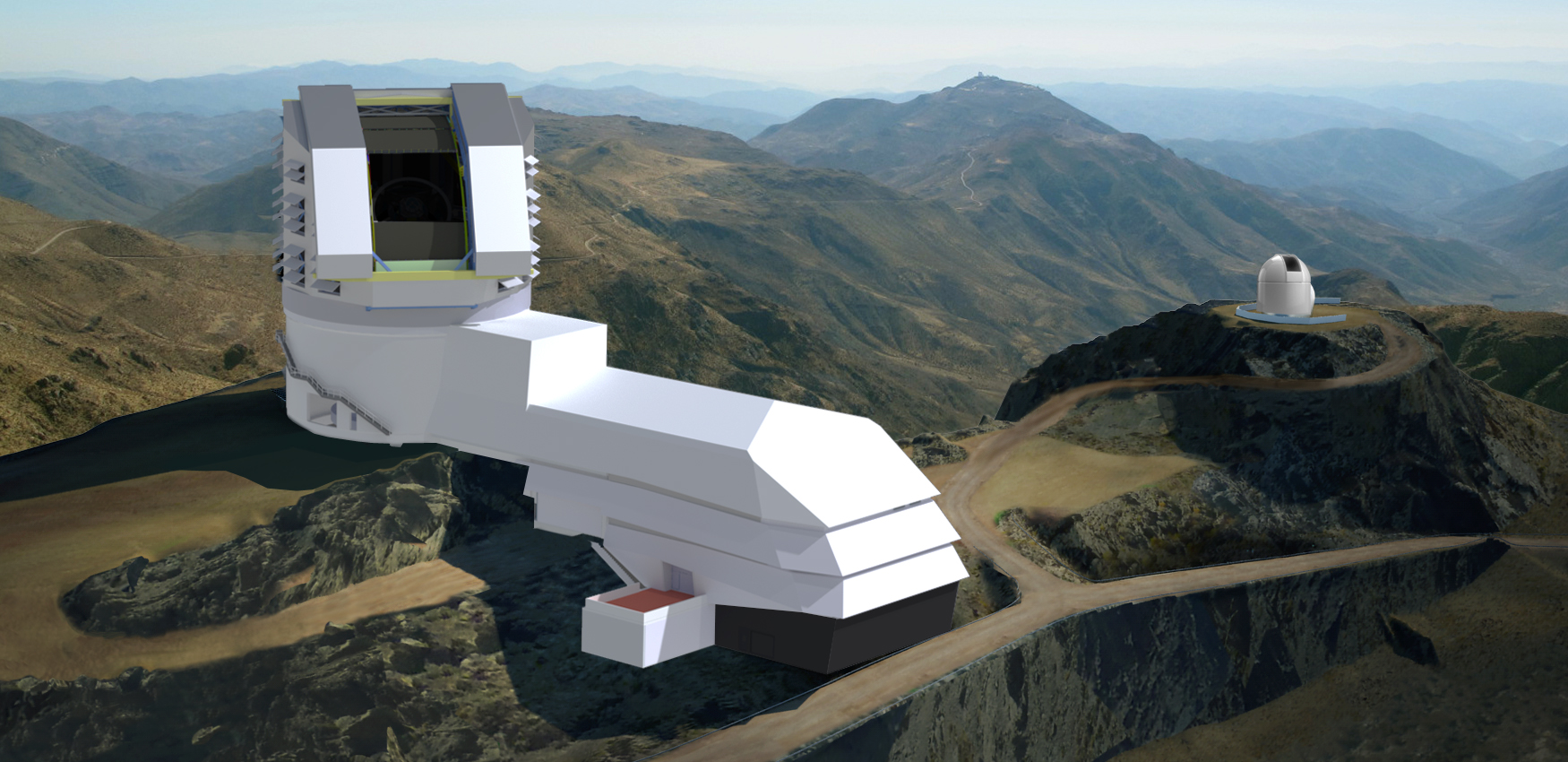 Ein digitales Bild eines weißen Gebäudes mit einem verchromten Teleskop auf der Spitze eines grasbewachsenen Hügels.  Auf einem niedrigeren Hügel in der Ferne befindet sich auch ein kleineres Observatorium mit weißer Kuppel.