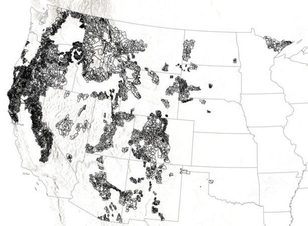 A black-and-white map of the western half of the United States outlining the locations of POD networks