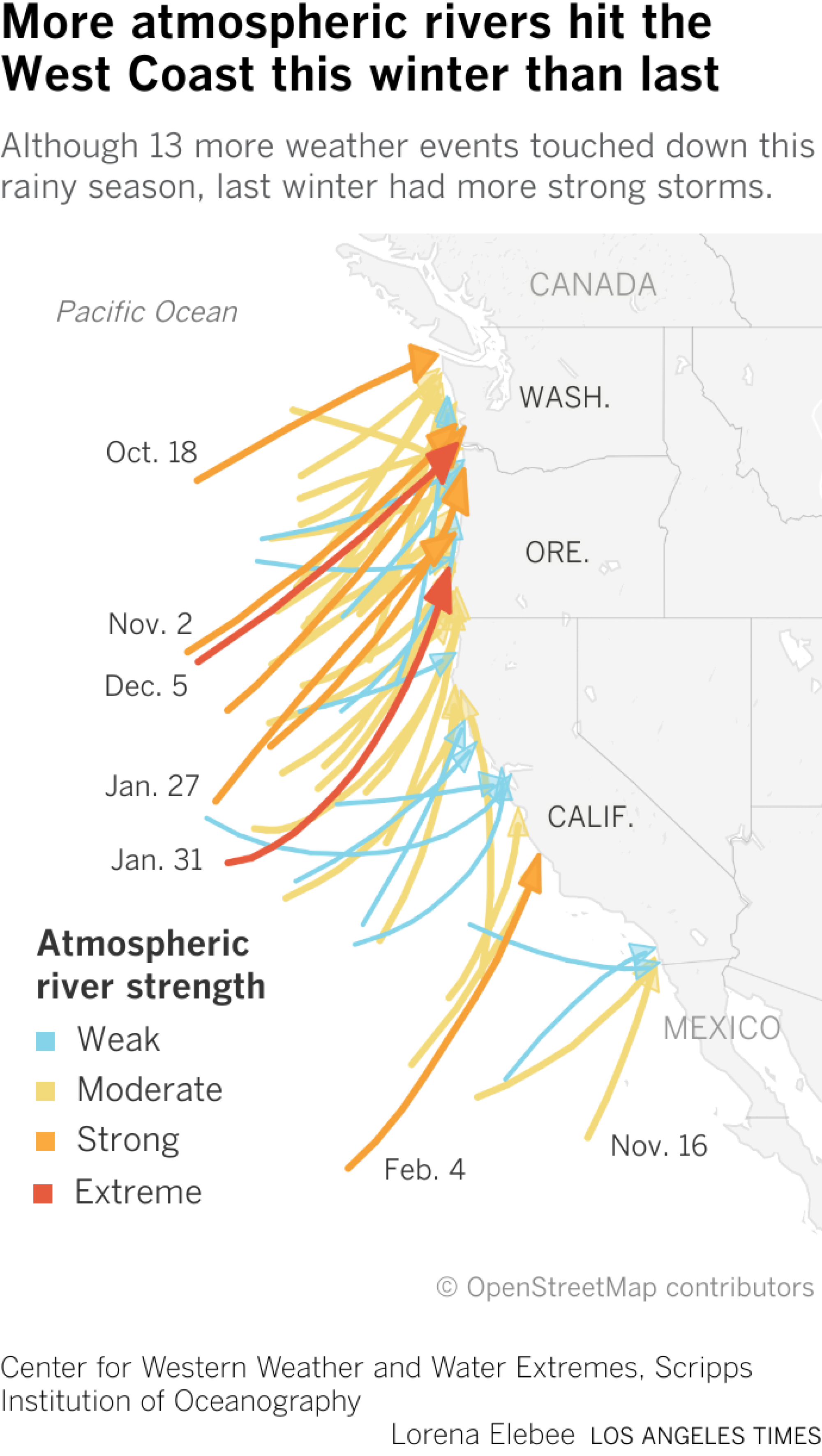 Karte mit 51 atmosphärischen Flussereignissen entlang der Westküste der USA von Ende 2023 bis März 2024.