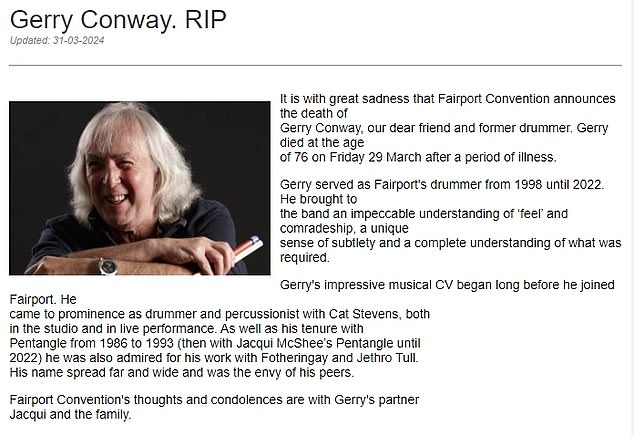 Die Band bestätigte Conways Tod in einer Erklärung, die auf ihrer offiziellen Website veröffentlicht wurde
