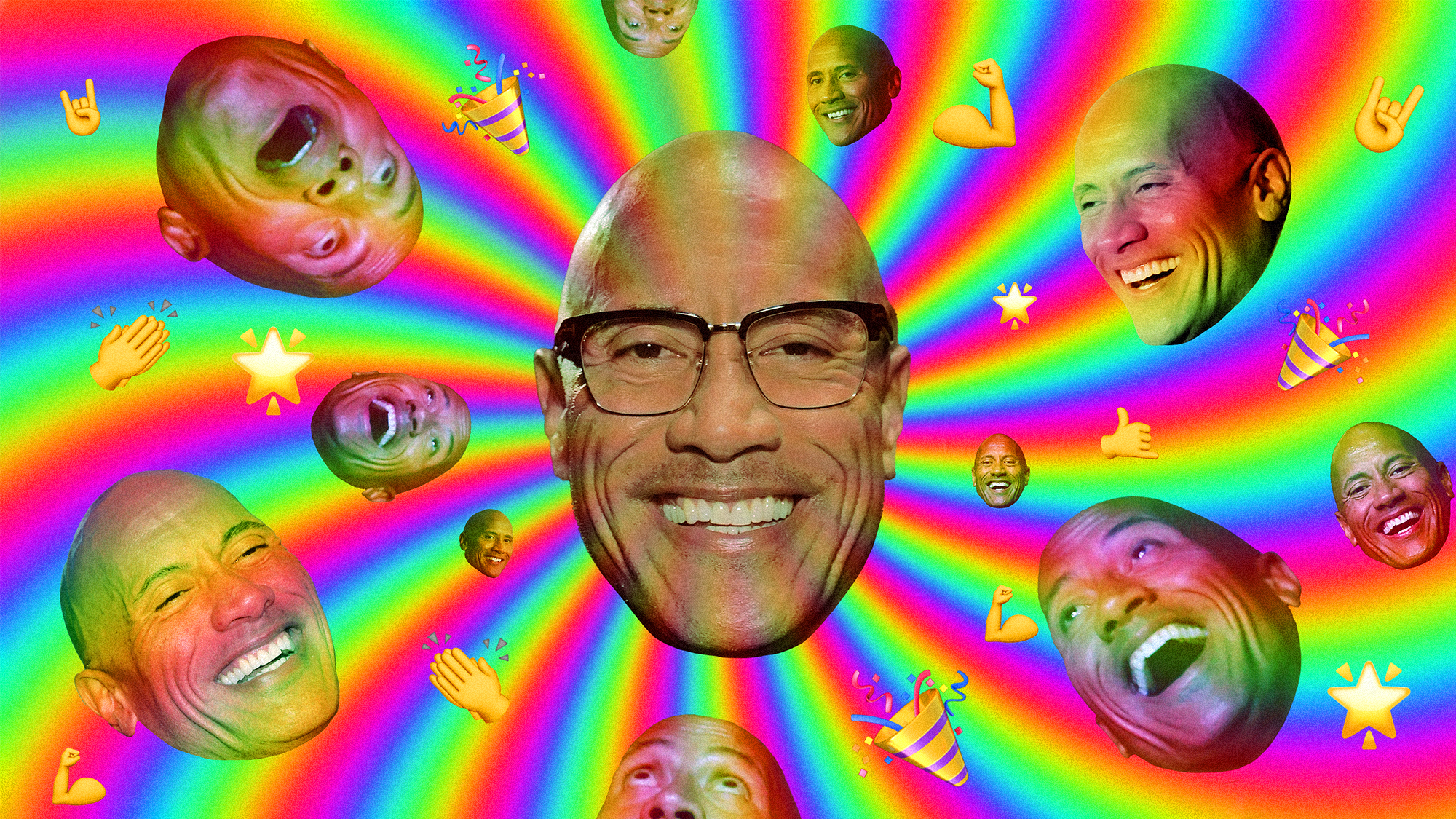 Ein Regenbogenbild mit mehreren Gesichtern von Dwayne Johnson