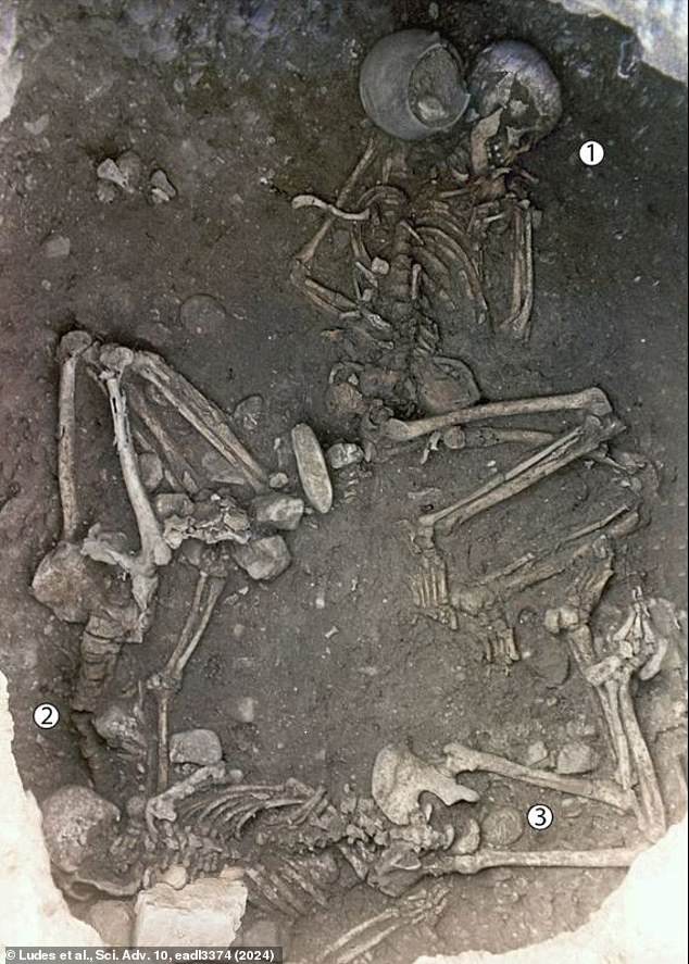 Der zentrale Körper (1) wurde normal begraben, aber die anderen beiden Frauen (2 und 3) wurden in den Überhang der Grube gezwungen und in ungewöhnlich verdrehten Positionen angeordnet.  Es ist wahrscheinlich, dass ihnen die Beine auf dem Rücken gefesselt und an den Hals gefesselt waren, sodass sie sich selbst erwürgten