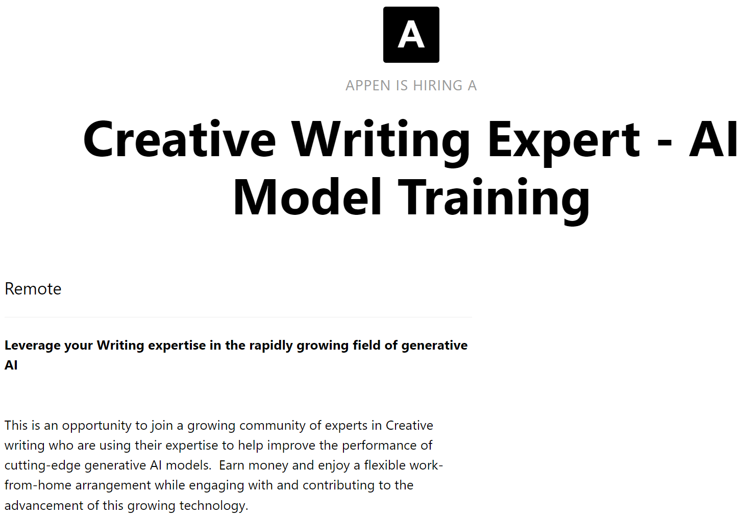 Stellenausschreibung für einen Experten für kreatives Schreiben in der Ausbildung von KI-Modellen