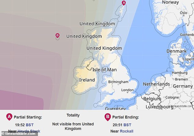 Während es im Vereinigten Königreich und in Irland keine totale Sonnenfinsternis geben wird, wird es in einigen Städten ab 19:52 Uhr BST – kurz vor Sonnenuntergang – zu einer teilweise verdeckten Sonnenfinsternis kommen.  Auf dieser Karte zeigen die violetteren Bereiche, wo die Sonnenfinsternis besser sichtbar ist