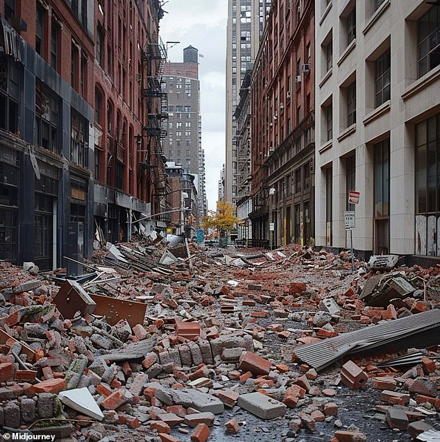 Dieses KI-generierte Bild zeigt, was passieren könnte, wenn ein Erdbeben der Stärke 7,4 Manhattan erschüttern würde.  Damit ein solches Ereignis eintritt, müsste es am Mittelatlantischen Rücken zu einem Beben kommen.