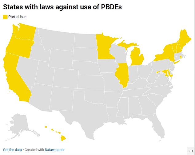 Die obige Karte zeigt Staaten, die Verbote für einige Formen von PBDEs eingeführt haben.  Sie sind in vielen Ländern, einschließlich der Europäischen Union, verboten