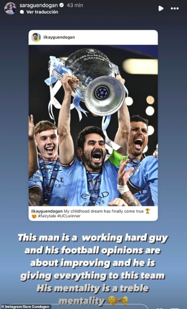 Sara postete ein Bild ihres Mannes, der letzte Saison den Europapokal für Manchester City gewann, und schrieb auf Instagram über seine „Triple-Mentalität“.