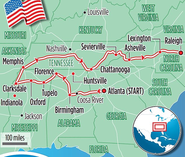 Andrew Harries begibt sich auf einen 2.200 Meilen langen Barbecue-Roadtrip durch den Süden der USA, der Georgia, Alabama, Mississippi, Tennessee und North Carolina umfasst (oben)