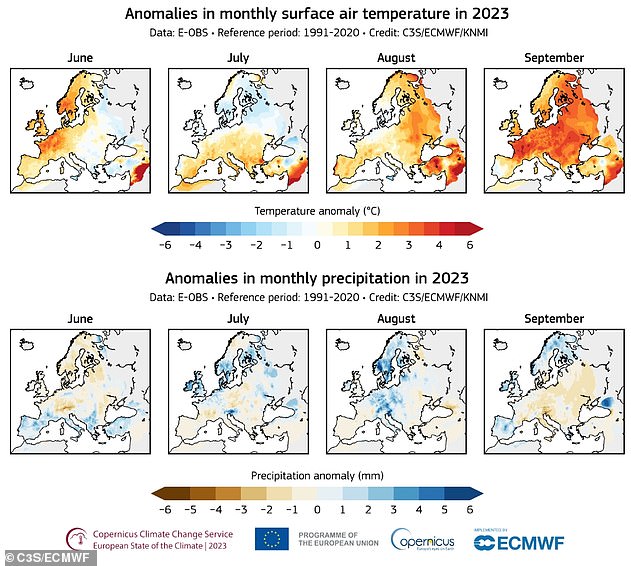 Im September letzten Jahres kam es zu besorgniserregenden Temperaturanomalien, was bedeutete, dass die Temperaturen höher waren als für diese Jahreszeit üblich.  Dieses Bild zeigt durchschnittliche Anomalien der Oberflächenlufttemperatur (°C) über Europa für Juni bis September 2023 im Vergleich zum monatlichen Durchschnitt für den Referenzzeitraum 1991–2020