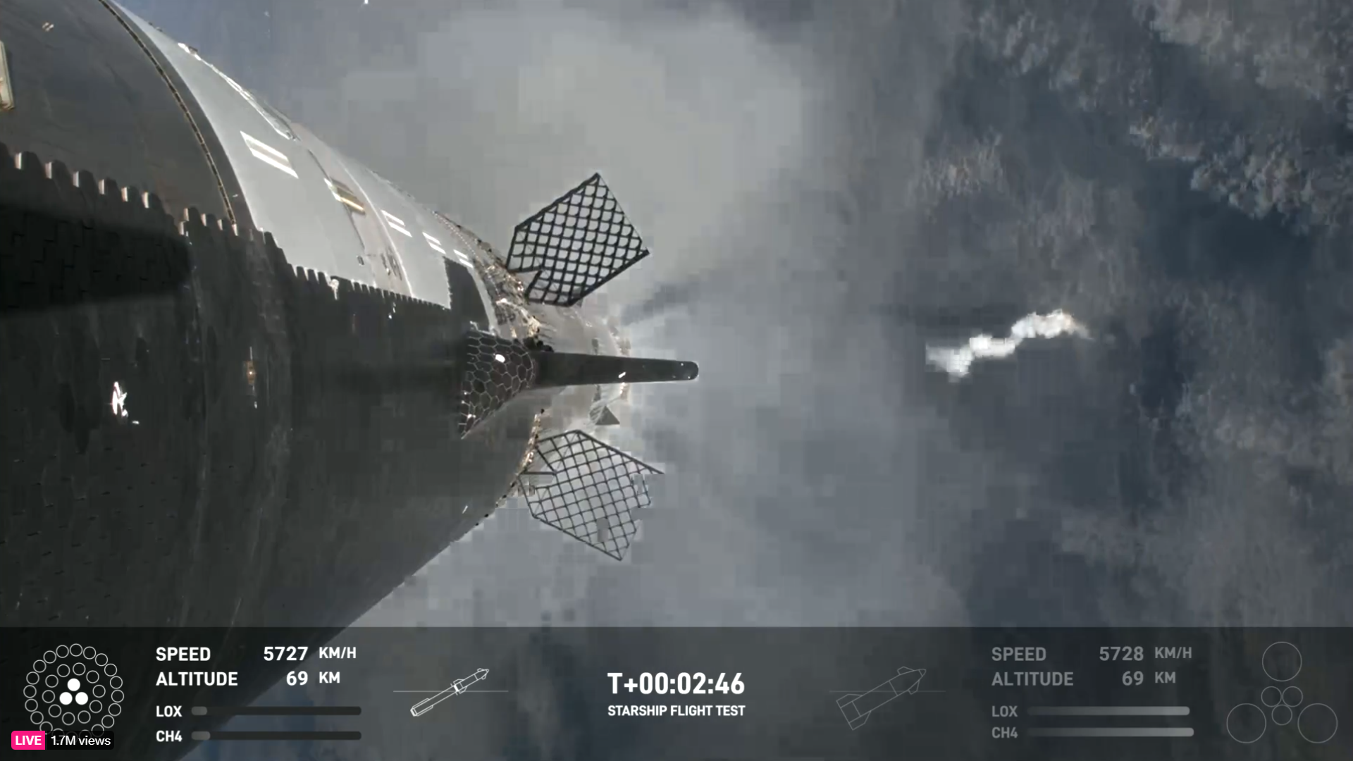 Ein Screenshot eines Raumschiffs, das über der Startrampe fliegt