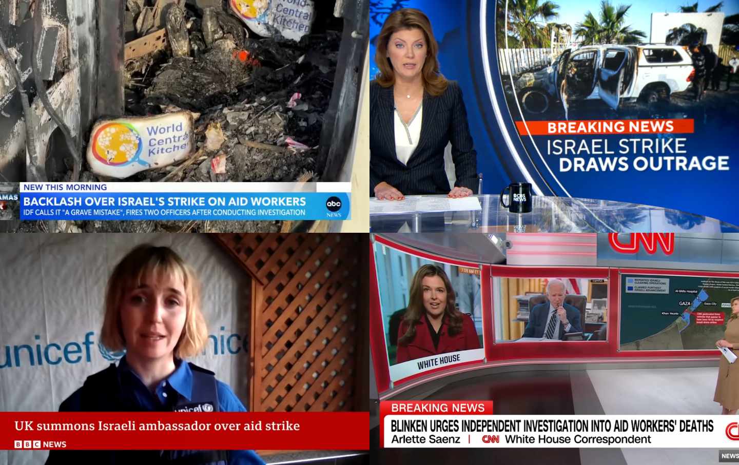 Screenshots der Medienberichterstattung über den Anschlag auf die World Central Kitchen.
