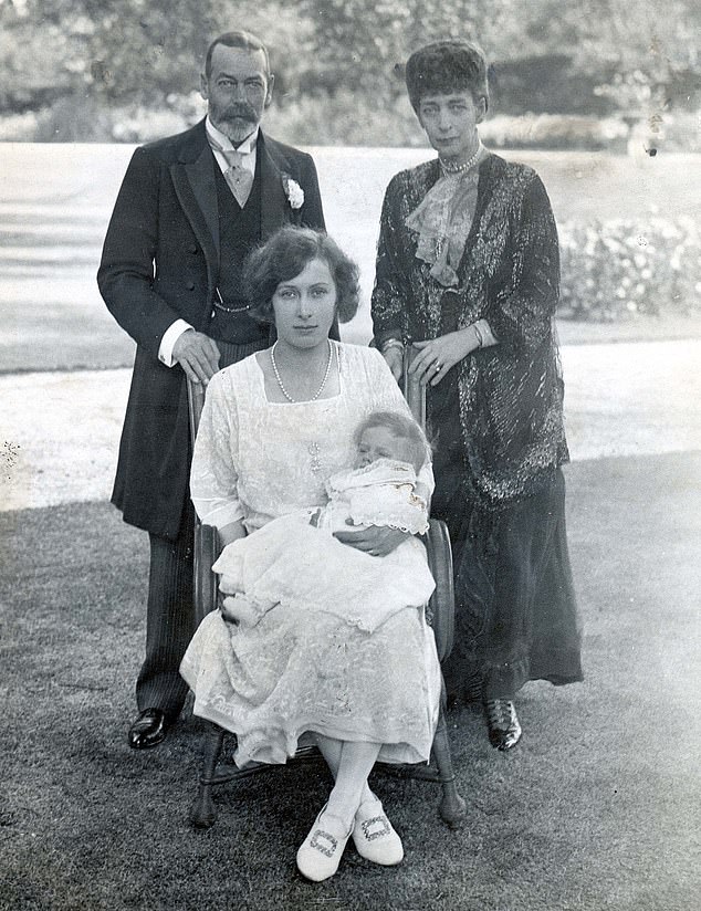 Princess Mary — Rowan Lascelles’ grandmother — with her father George V and  his mother Queen Alexandra, and her new son George Lascelles, the 7th Earl of Harewood
