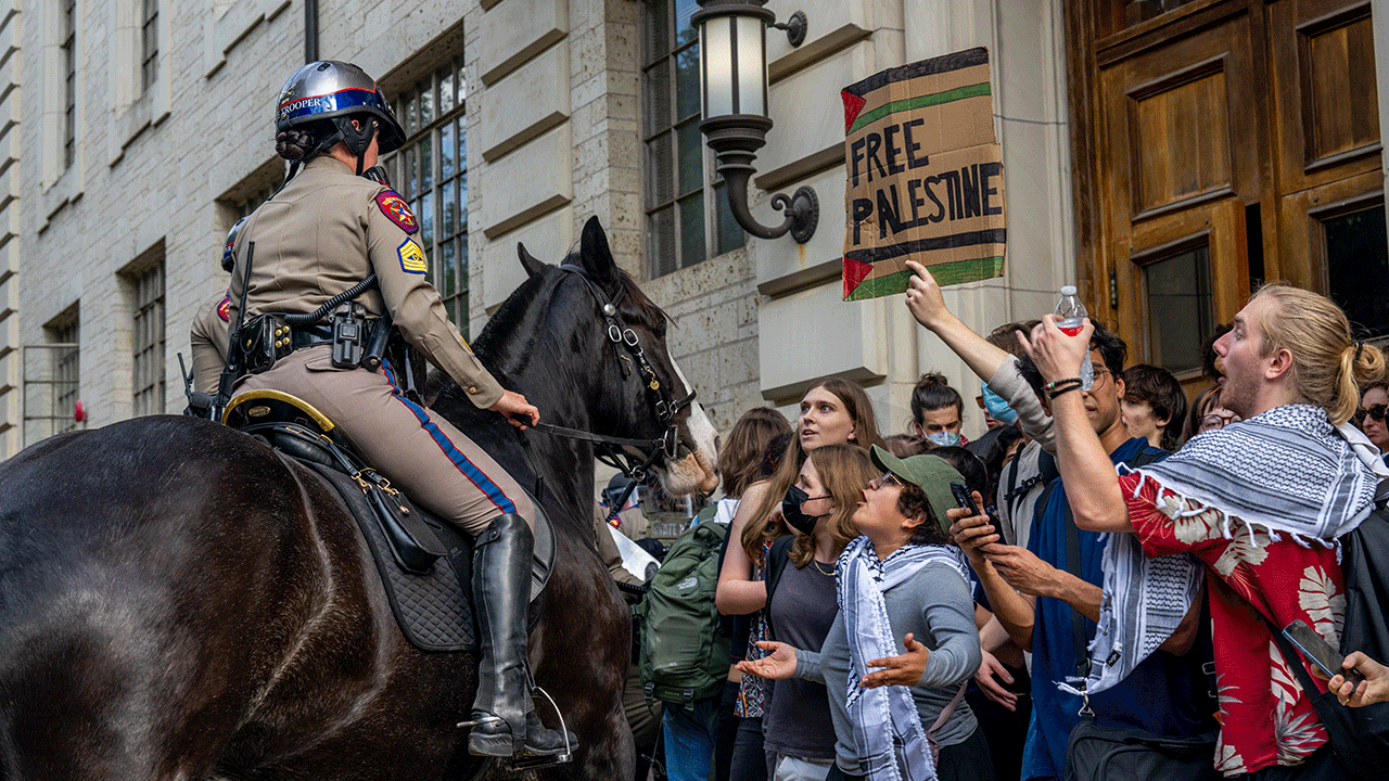 Beamter zu Pferd konfrontiert Demonstranten