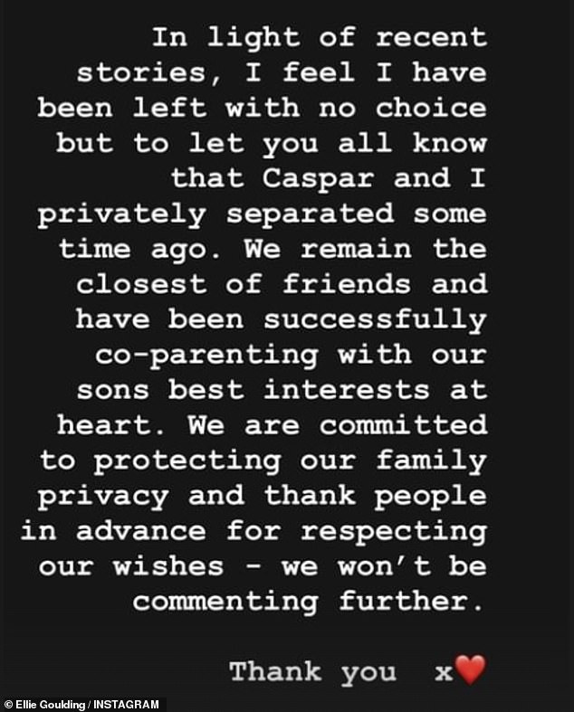 In einer Erklärung im Februar schrieb der Musiker: „Angesichts der jüngsten Geschichten habe ich das Gefühl, dass mir keine andere Wahl bleibt, als euch allen mitzuteilen, dass Caspar und ich uns vor einiger Zeit privat getrennt haben.“