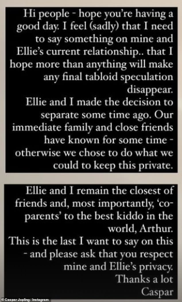 Caspar fügte hinzu: „Ellie und ich bleiben die engsten Freunde und vor allem „Miteltern“ des besten Kindes der Welt, Arthur.“