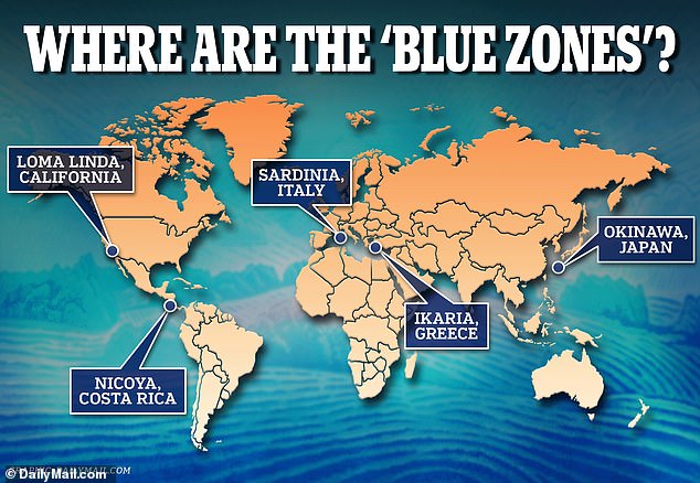 Die fünf Orte mit dem Status „Blaue Zone“: Okinawa, Japan;  Sardinien, Italien;  Nicoya, Costa Rica;  Ikaria, Griechenland;  und Loma Linda, Kalifornien in den Vereinigten Staaten