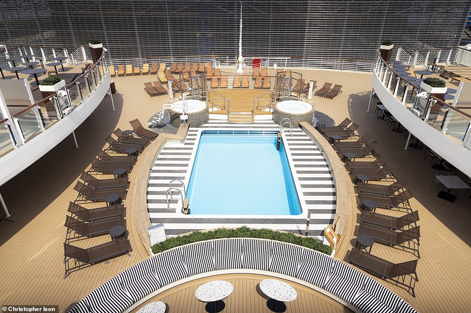 Vom Panorama Pool Club (oben) aus, der über einen zentralen Pool und Whirlpools verfügt, können Gäste einen „beeindruckenden Meerblick“ genießen